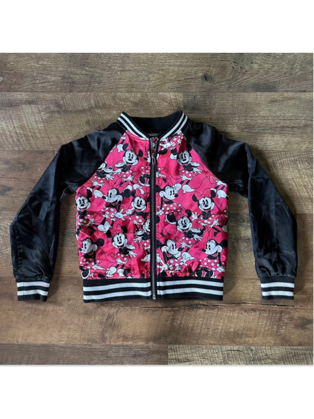 Girls Disney Minnie Mouse Bomber Jacket Size 7 Pink Black Summer